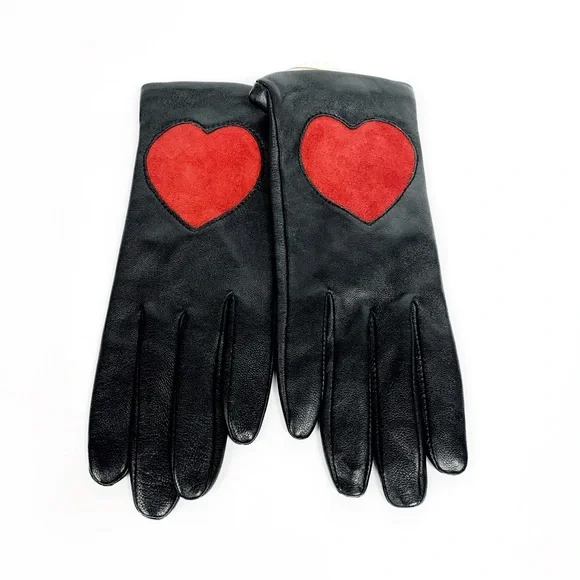 Aqua Leather Gloves w/ Red Suede Heart • Luxe Black NWT Gloves • Gift-Ready $129
